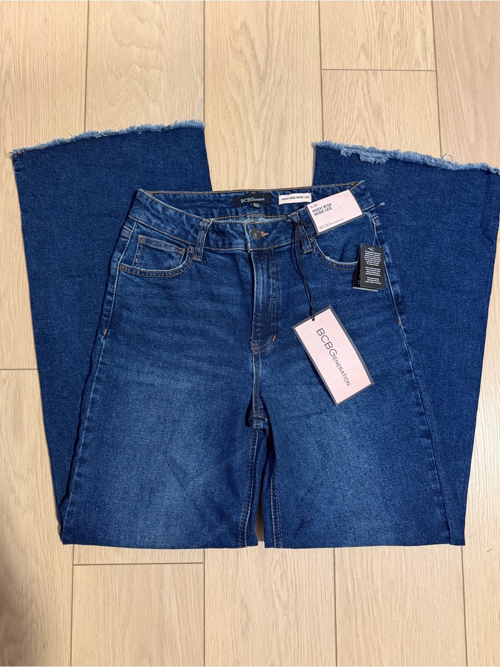 BCBG High Rise Wide Leg Dark Blue Flared Raw Hem Jeans